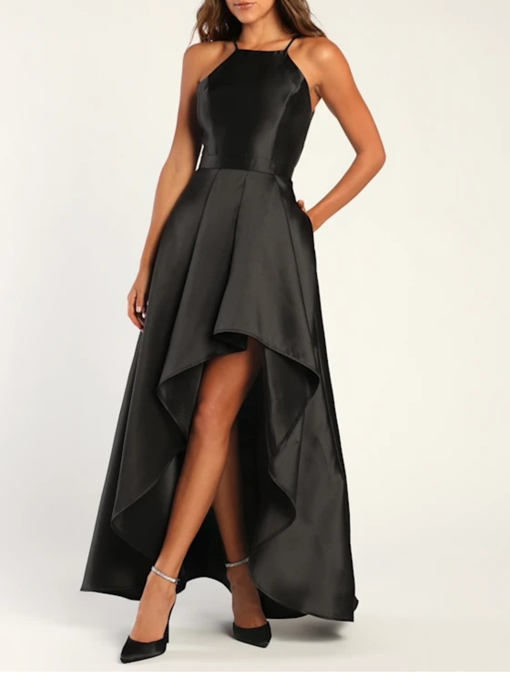 Lulu's Black Satin High-Low Halter Evening Dress
